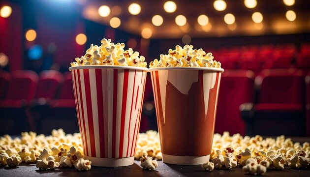 Popcorn in striped containers in a movie theater
