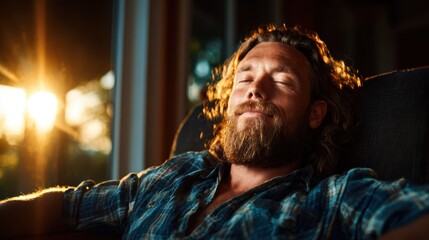 This image captures a relaxed man meditating in a serene environment as the sun sets, highlighting tranquility, peace, and a moment of reflection amid nature's beauty.