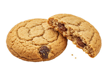 Isolated raisin cookies, one half broken and exposed, bakery dessert, sweet food baked treat