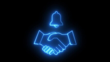 bell icon and shaking hands icon with neon effect Automatic notifications. Notification call. Businessman in suit notifies about event.  bell in the man’s hand shakes to warn of upcoming schedule.