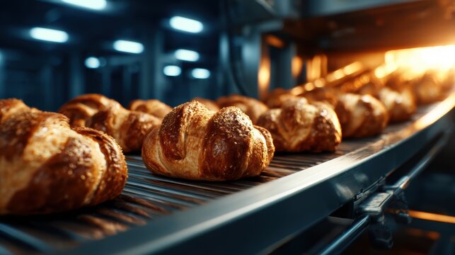 Freshly baked croissants emerge from a glowing bakery oven, their golden crust inviting you into a world of warm pastries and the comforting aroma of baked goods.