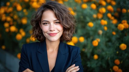 A charming young woman stands confidently with crossed arms in front of a vibrant floral background, radiating positivity and warmth in this inviting portrait photograph.