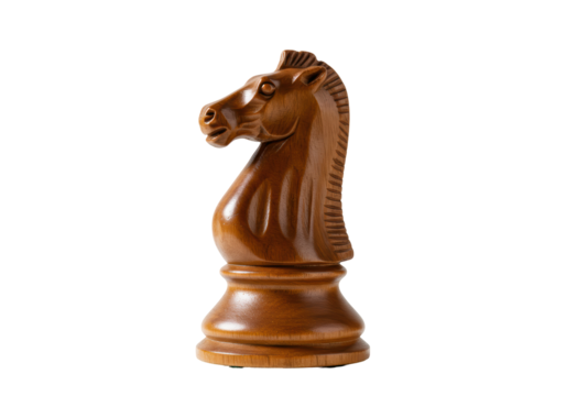 Isolated brown wooden knight chess piece on neutral background with natural light