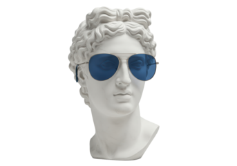 Isolated statue bust wearing sunglasses, cool classic art piece, classical youth model