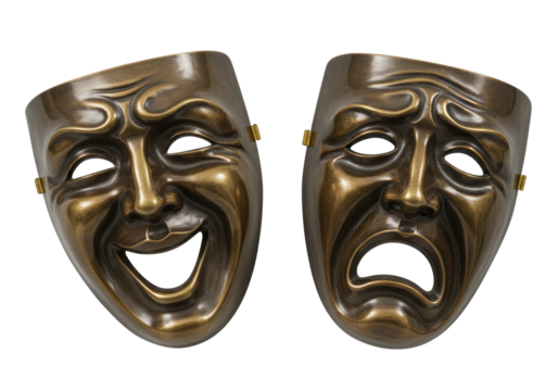 Isolated theatrical masks represent comedy and tragedy representing a wide range of emotions
