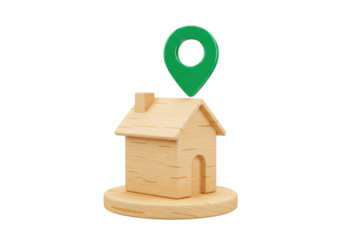 Isolated wood house with green pin, a symbol of real estate and online navigation apps