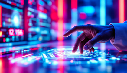 Hand Interacting with Futuristic Interface Neon Lights