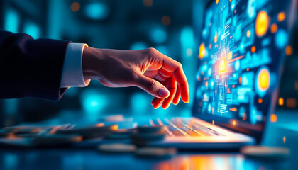 Hand Interacting with Futuristic Interface on Laptop