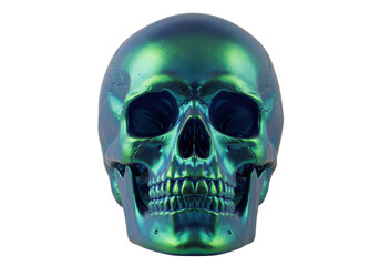 Isolated iridescent skull artwork of human head with blue and green surface pattern