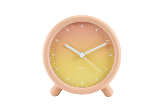 Isolated trendy alarm clock with pale-peach frame and yellow dial for time management, wake up