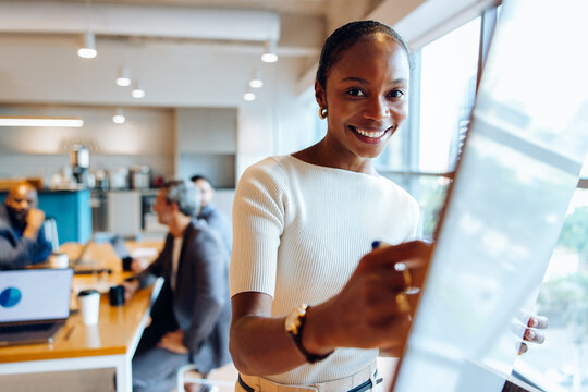 Smiling woman presenting on a whiteboard at a professional business meeting