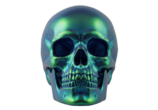 Isolated iridescent skull artwork of human head with blue and green surface pattern