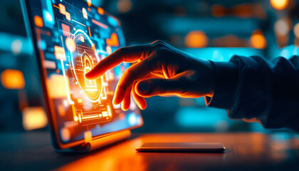 Hand Interacting with Futuristic Interface on Tablet