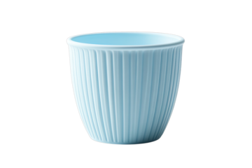 Pale blue ribbed ceramic cup on transparent background