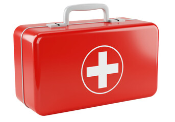 Isolated red first aid kit with cross symbol, emergency medical equipment, medicine box