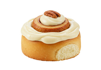 Isolated pecan frosted cinnamon roll, pastry dessert with creamy swirl and golden baked bread