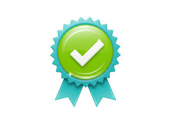 Isolated award rosette with check mark icon, certification, approval, quality, guarantee