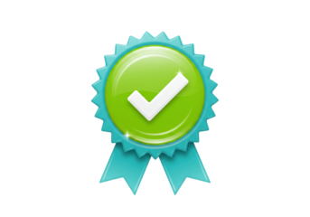 Isolated award rosette with check mark icon, certification, approval, quality, guarantee