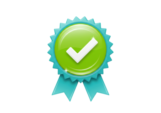 Isolated award rosette with check mark icon, certification, approval, quality, guarantee