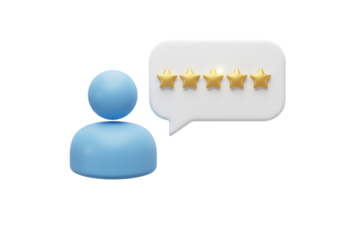 Isolated customer review with golden star rating in talk bubble for feedback analysis design