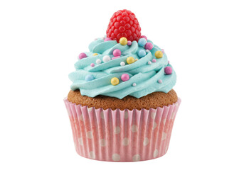 Isolated single cupcake with light blue frosting topped with a raspberry and candy beads