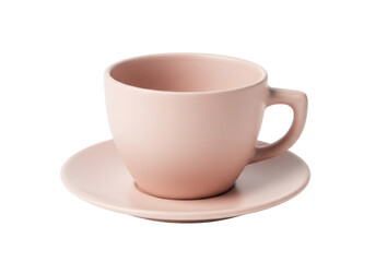 Isolated pink coffee cup and saucer on a plain surface ready for a morning beverage or tea