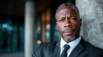 An older gentleman exudes confidence and seriousness as he stands outdoors in a formal suit, representing success and professionalism in a corporate environment.