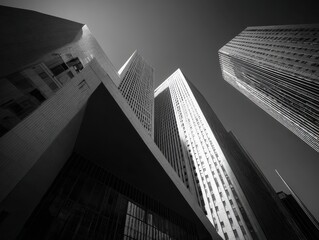 A black and white photo of tall buildings