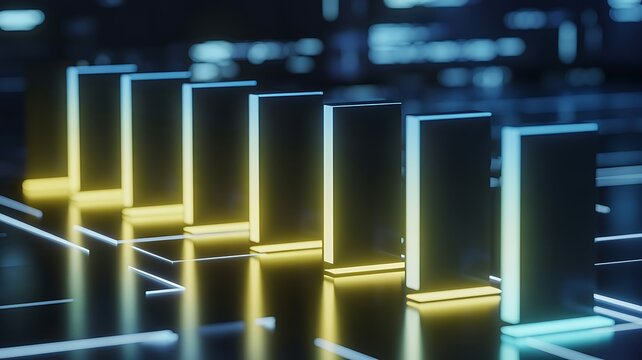 Abstract futuristic composition showcasing geometric shapes with vibrant yellow and blue neon illuminating the scene within a dark environment.