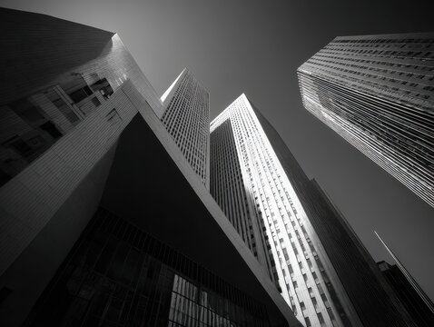 A black and white photo of tall buildings
