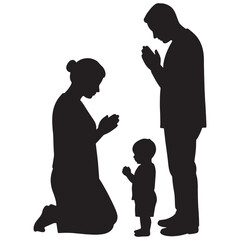 Family praying together A silhouette of parents and a child in a moment of prayer and devotion