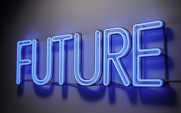 Blue neon sign spelling the word future