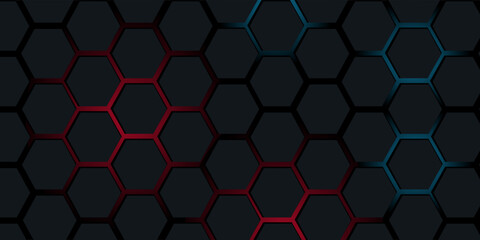 Dark red and blue hexagon abstract technology background with red and blue colored bright flashes under hexagon. Hexagonal gaming vector abstract tech background.