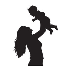Mother lifting her happy baby in the air, celebrating joy and family bonding, silhouette vector illustration