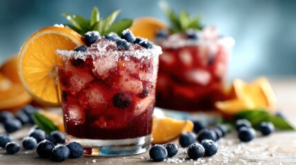 Two vibrant drinks adorned with blueberries and orange slices, set on a rustic wooden table, create a refreshing and inviting atmosphere perfect for summer gatherings.