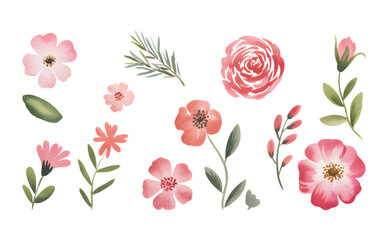 Artistic hand painted rose blossoms in soft watercolor brush tone with natural leaves.