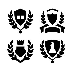  Shields vector illustration. laurel wreaths, vintage educational coat of arms set with university college and academy elements isolated  ribbons for awards,badges, and branding designs
