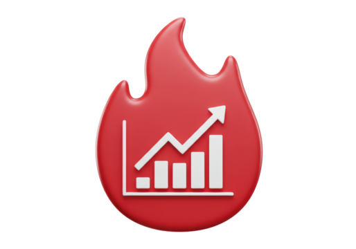 Isolated upward sales chart as a fiery red badge showing trending positive growth rates