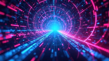 Fototapeta premium A high-speed perspective shot of a glowing neon tunnel, with thousands of digital particles and light streaks rushing forward. The illusion of infinite motion symbolizes data transmission 