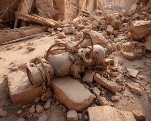 Portable oxygen canister for survivors displayed in sandstorm ruins