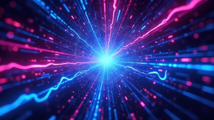 Fototapeta premium An endless, glowing tunnel of streaming data lines in shades of cyan, magenta, and violet, creating a high-tech cyberspace vortex. Particles pulse and move in synchronized waves