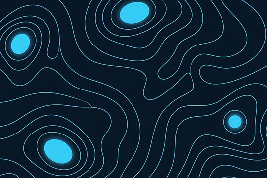 Abstract illustration depicting topographic map lines and glowing circles in shades of blue for a modern digital design.