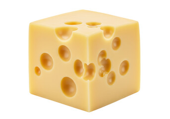 Isolated piece of Emmental cheese showing irregular holes, a dairy product staple