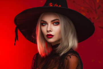 Portrait of a sexy halloween witch against a red background. Generative ai