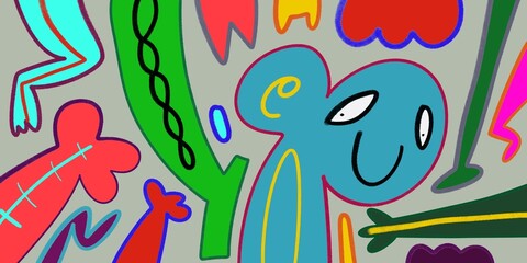 Obraz premium Cute and Funny cartoon colorful doodle and abstract animal, people, flower, and plant for kids and party