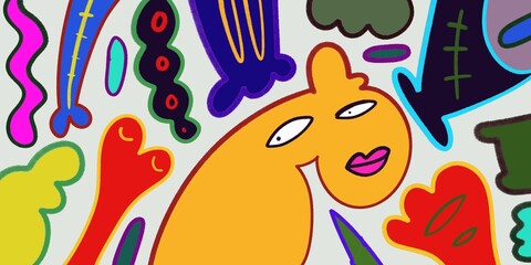 Cute and Funny cartoon colorful doodle and abstract animal, people, flower, and plant for kids and party