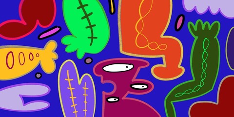 Cute and Funny cartoon colorful doodle and abstract animal, people, flower, and plant for kids and party