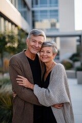Naklejka premium Mature caucasian couple embracing outdoors in urban setting