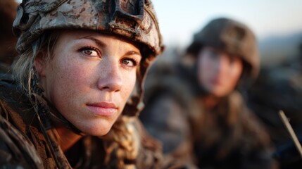 Fototapeta premium A determined female soldier in camouflage gear, showcasing strength and resolve, captured in a moment that reflects dedication, focus, and commitment to duty and country.