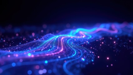 Obraz premium Abstract waves of glowing neon particles undulating like an endless ocean of digital information. Smooth motion creates a futuristic, sci-fi-inspired visualization of quantum data streams.